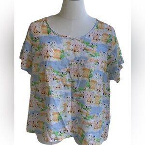 Cynthia Rowley 100% Linen Greek Island Print Santorini Blouse Top Plus 2X Boxy